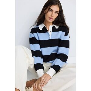 Claudie Pierlot Paris Striped Rugby Sweater Ruffle Collar Blue Black Size 3